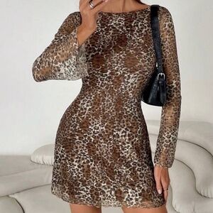 Leopard Print Backless Mesh Mini Dress